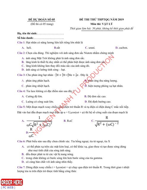 Bộ đề dự đoán kì thi THPT Quốc Gia năm 2019 chuẩn (Kèm lời giải) môn Vật Lý