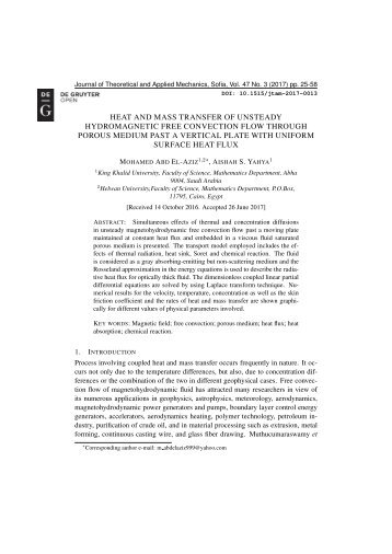 [13148710 - Journal of Theoretical and Applied Mechanics] Heat and Mass Transfer of Unsteady Hydromagnetic Free Convection Flow Through Porous Medium Past a Vertical Plate with Uniform Surface Heat Flux