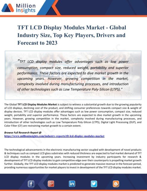 TFT LCD Display Modules Market Top Manufacturers, Growth, Trends,  Competitive Landscape, Price and Forecasts to 2023