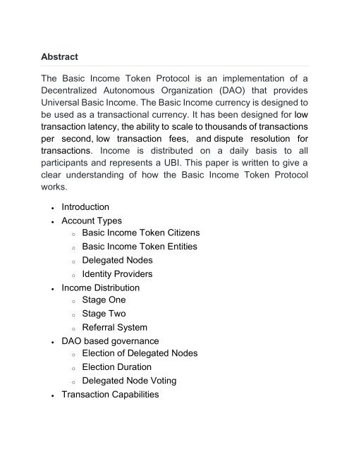 Basic Income Token Whitepaper Basic Income Token Whitepaper