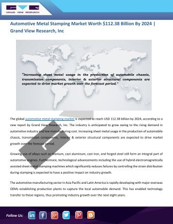 Automotive Metal Stamping Market Is Expected to Witness Higher Demands Till 2024