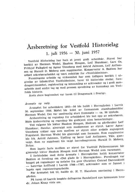 Årsberetning for Vestfold Historielag 1956-1957