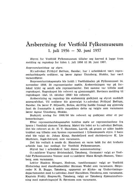 Årsberetning for Vestfold Fylkesmuseum 1956-1957