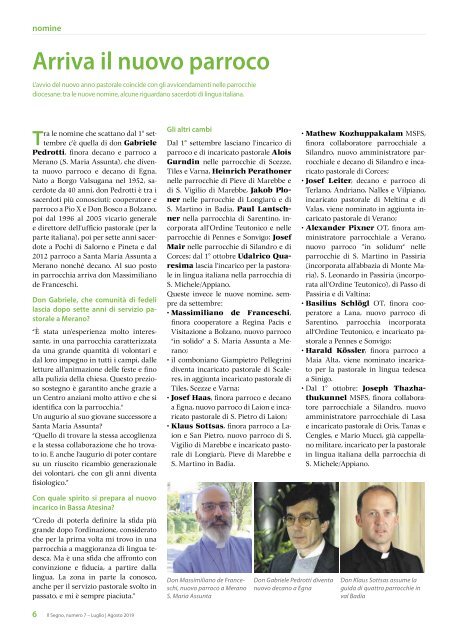 Il Segno - Mensile della Diocesi die Bolzano-Bressanone - Anno 55, numero 7, luglio 2019