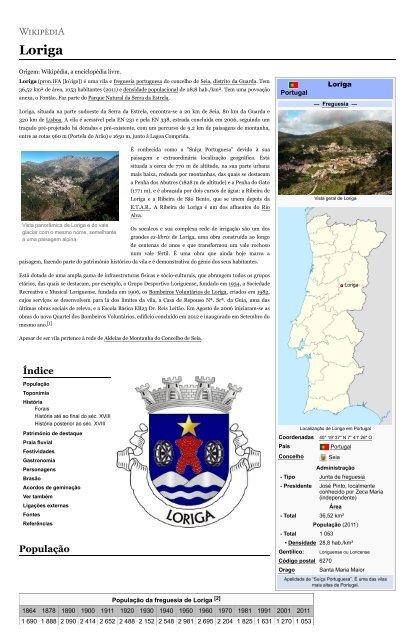 História de Loriga Wikipedia - Extratos da obra do  historiador  António Conde  “História concisa da vila de Loriga – Das origens á extinção do município”, no artigo sobre Loriga que ele criou na Wikipedia