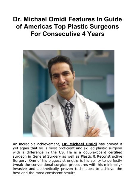 Dr. Michael Omidi Features In Guide of Americas Top Plastic Surgeons For Consecutive 4 Years