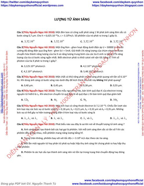 Bộ tài liệu bài tập theo chuyên đề tách ra từ đề thi thử 2018 môn Vật Lý - Lớp 12 - Lượng tử ánh sáng (Có lời giải chi tiết)
