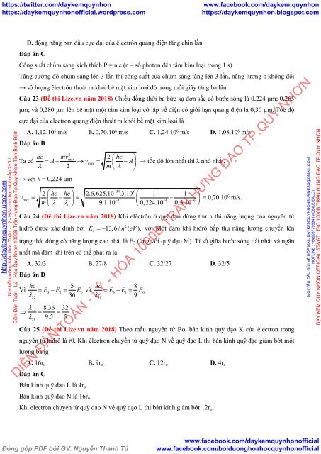 Bộ tài liệu bài tập theo chuyên đề tách ra từ đề thi thử 2018 môn Vật Lý - Lớp 12 - Lượng tử ánh sáng (Có lời giải chi tiết)