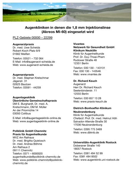 Augenkliniken In Denen Die 1 8 Mm Injektionslinse