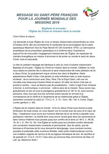 Message du Pape Francois pour le DMU 2019