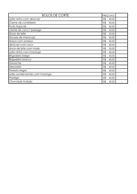 TABELA DE PRECO