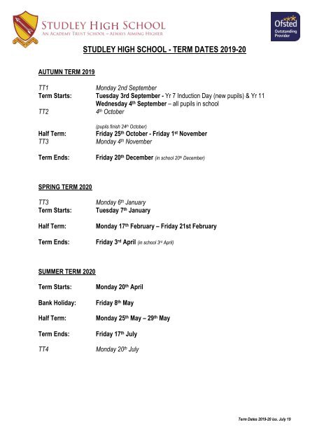 Studley High School Term Dates 2019-20 