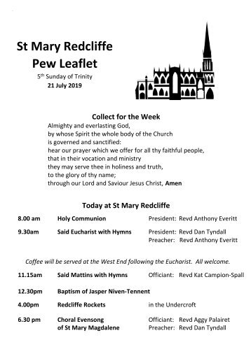 St Mary Redcliffe Church Pew Leaflet - July 21 2019