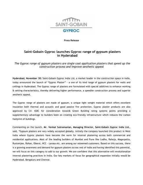 Saint Gobain Gyproc Launches Gyproc Range Of Gypsum Plasters