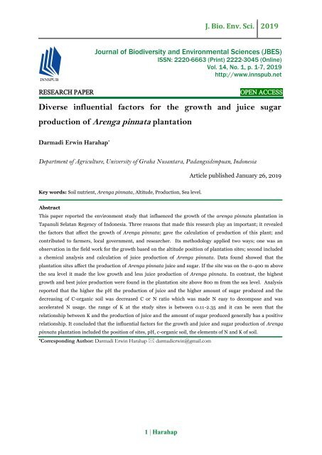 Diverse influential factors for the growth and juice sugar production of Arenga pinnata plantation