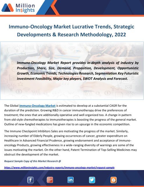 Immuno-Oncology Market Lucrative Trends, Strategic Developments &amp;amp; Research Methodology, 2022