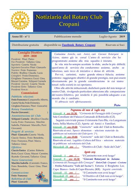 Notiziario Rotary Club Cropani Anno III n° 1 luglio-agosto 2019