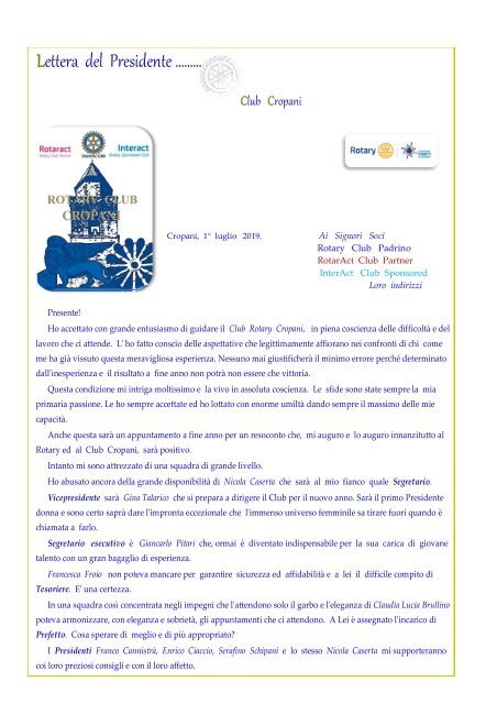 Notiziario Rotary Club Cropani Anno III n° 1 luglio-agosto 2019