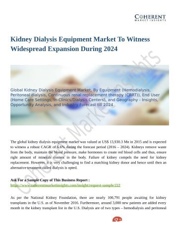 Kidney Dialysis Equipment Market Revenue Growth Predicted by 2024