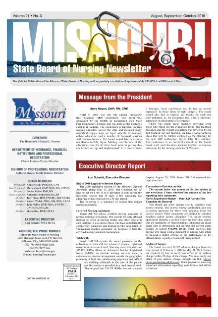 Missouri State Board of Nursing Newsletter - August 2019