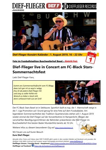 Dief-Flieger 1. August-Konzert am    FC Black Stars Sommernachtsfest