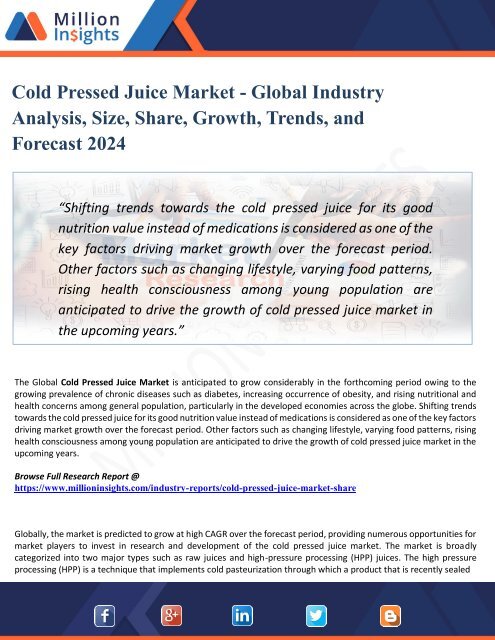 Cold Pressed Juice Market - Industry Size, Growth, Analysis, Applications,  Opportunities, and Forecasts to 2024