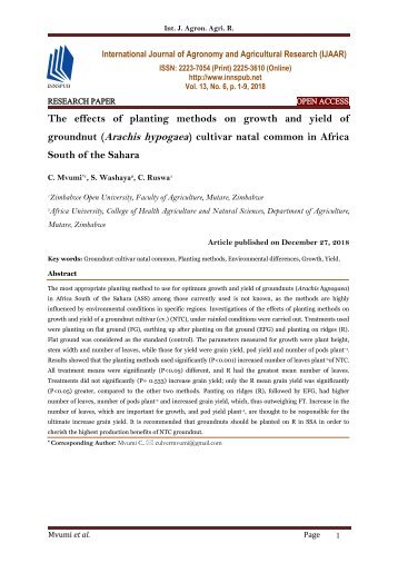 The effects of planting methods on growth and yield of groundnut (Arachis hypogaea) cultivar natal common in Africa South of the Sahara | IJAAR