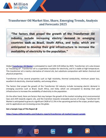 Transformer Oil Market Size, Share, Emerging Trends, Analysis and Forecasts 2025