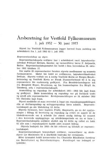 Årsberetning for Vestfold Fylkesmuseum 1952-1953