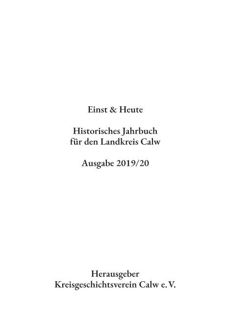 Einst & Heute – Historisches Jahrbuch für den Landkreis Calw – Ausgabe 2019/20