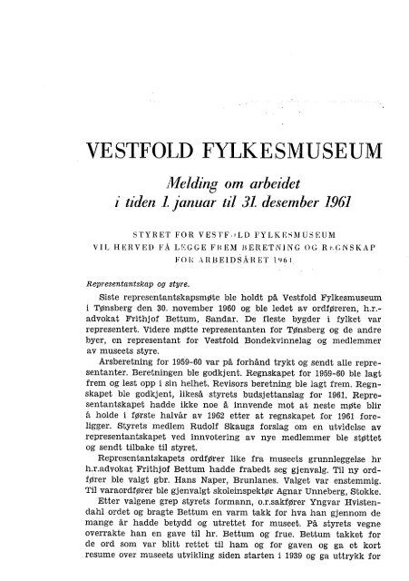 Årsberetning for Vestfold Fylkesmuseum 1961