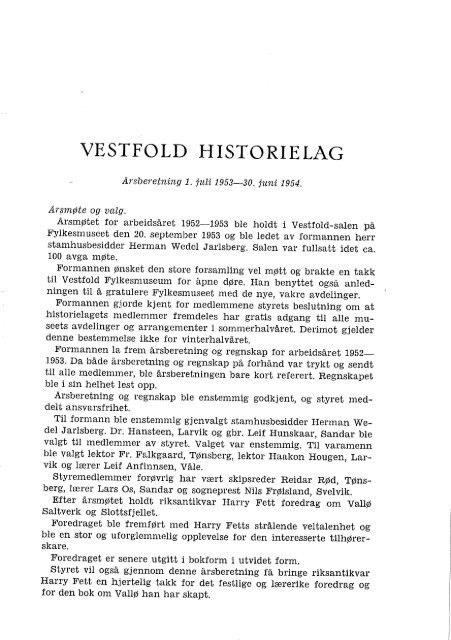 Årsberetning for Vestfold Historielag 1953-1954