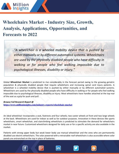 Wheelchairs Market Intelligence, Company Profiles, Market Trends, Strategy, Research Report, Analysis, Forecast 2022