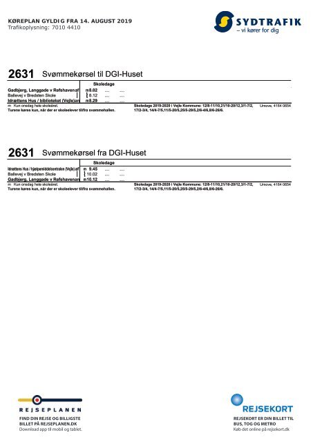 2631 Svømmekørsel til og fra DGI-Huset i Vejle | Gyldig 14 August 2019 | Sydtrafik