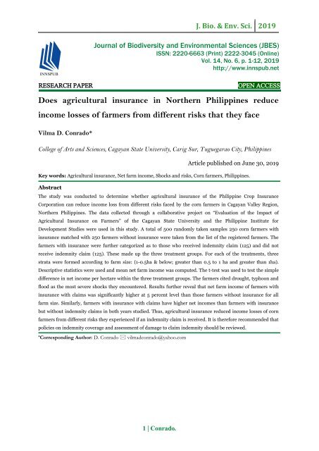 Does agricultural insurance in Northern Philippines reduce income losses of farmers from different risks that they face | JBES-Vol-14-No-6-p-1-12