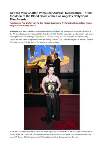 Actress Vida Ghaffari Wins Best Actress, Supernatural Thriller for Moon of the Blood Beast at the Los Angeles Nollywood Film Awards