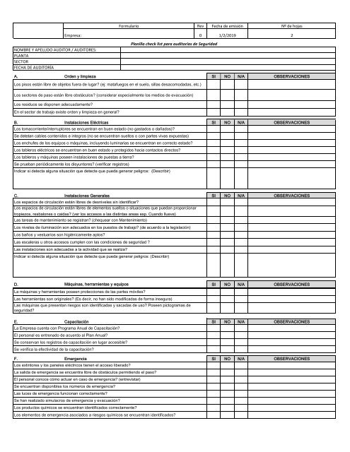 Planilla check list para auditorias HyS