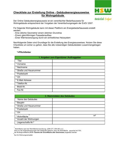 Checkliste zur Erstellung Online Gebäudenergieausweis