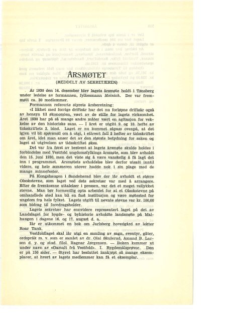 Årsmøtet (meddelt av sekretæren) 1930