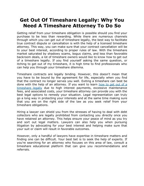 Get Out Of Timeshare Legally: Why You Need A Timeshare Attorney To Do So