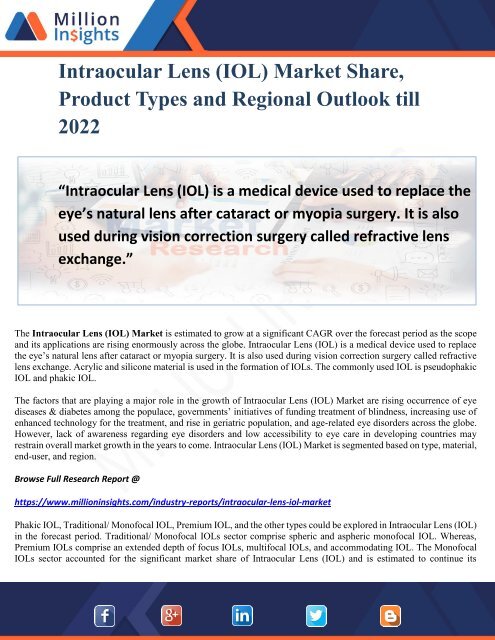 Intraocular Lens (IOL) Market Share, Product Types and Regional Outlook till 2022