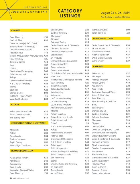 Sydney  Jewellery Trade Fair Directory 2019