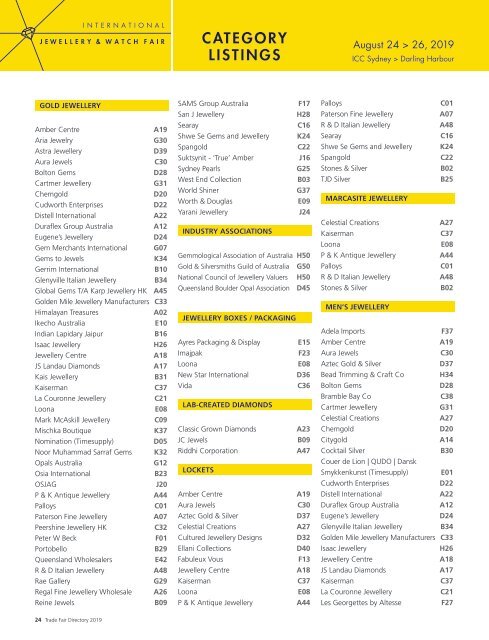 Sydney  Jewellery Trade Fair Directory 2019