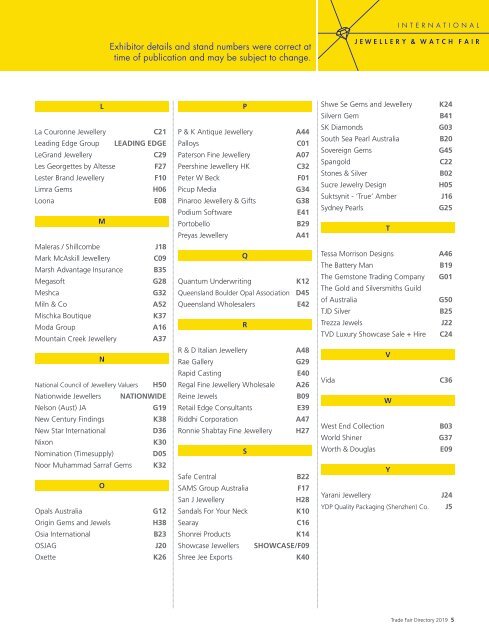 Sydney  Jewellery Trade Fair Directory 2019