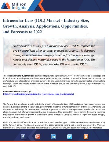 Intraocular Lens (IOL) Market Manufacturers,Types,Regions and Applications Research Report Forecast to 2022