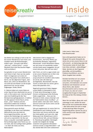 Reisekreativ Kundenmagazin "Inside" im August 2019