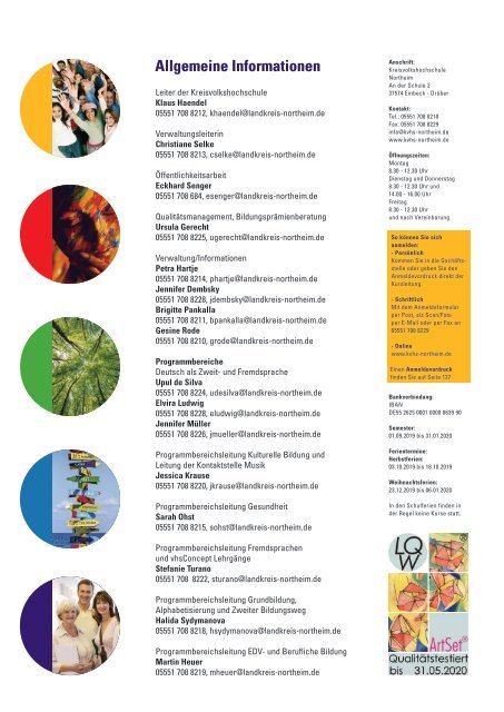 KVHS Kreisvolkshochschule Landkreis Northeim Programmheft Herbst/Winter 2019/2020