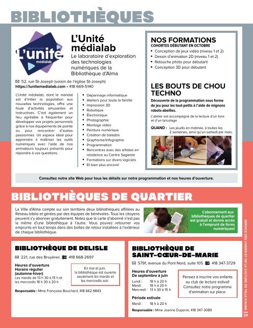 Guide d'activités 2019-2020 du Service des loisirs et de la culture de la Ville d'Alma