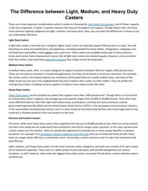The Difference between Light, Medium, and Heavy Duty Casters