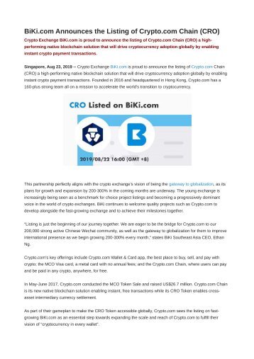 BiKi.com Announces the Listing of Crypto.com Chain (CRO)